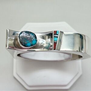 Fabulous Carl Quintana Turquoise Inlay Sterling Silver Sculptured Cuff Bracelet